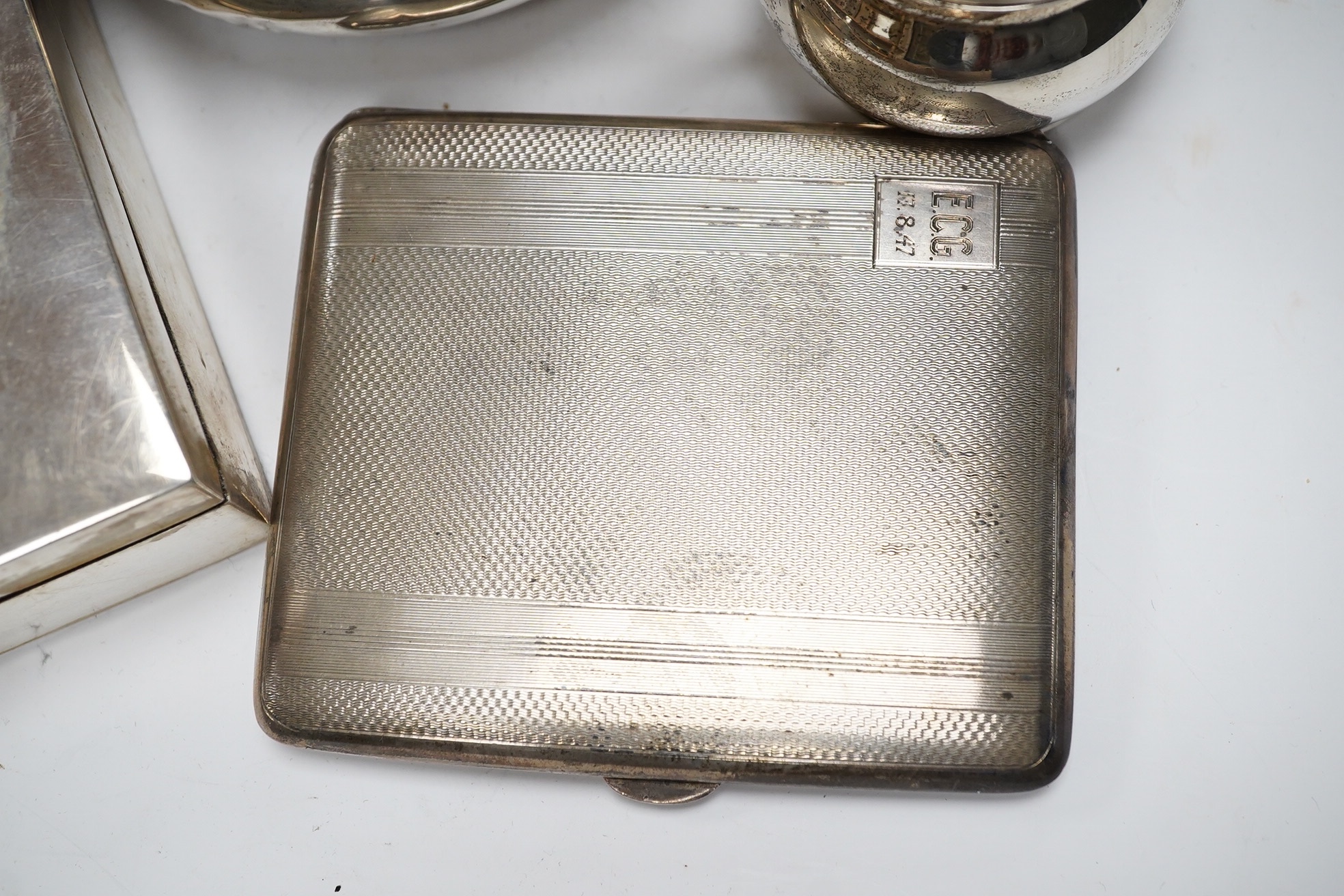 Small silver, sterling and other white metal items including a wine coaster, pair of tazze, mounted cigarette box, condiments, cigarette case etc. Condition - poor to fair